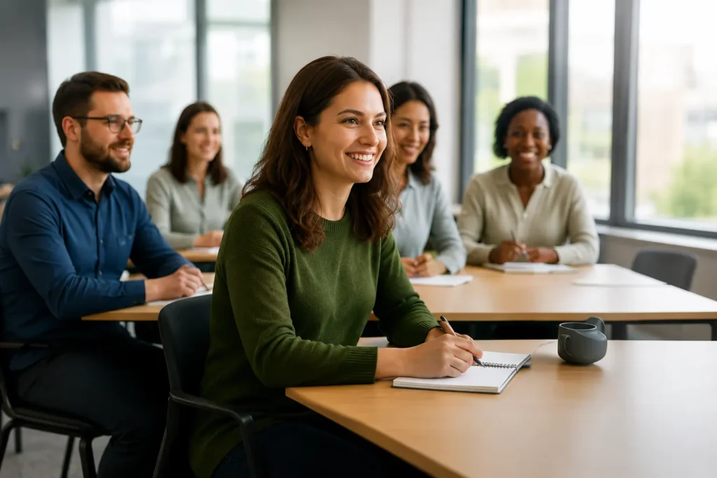 A relaxed team meeting around a table, with people smiling and talking