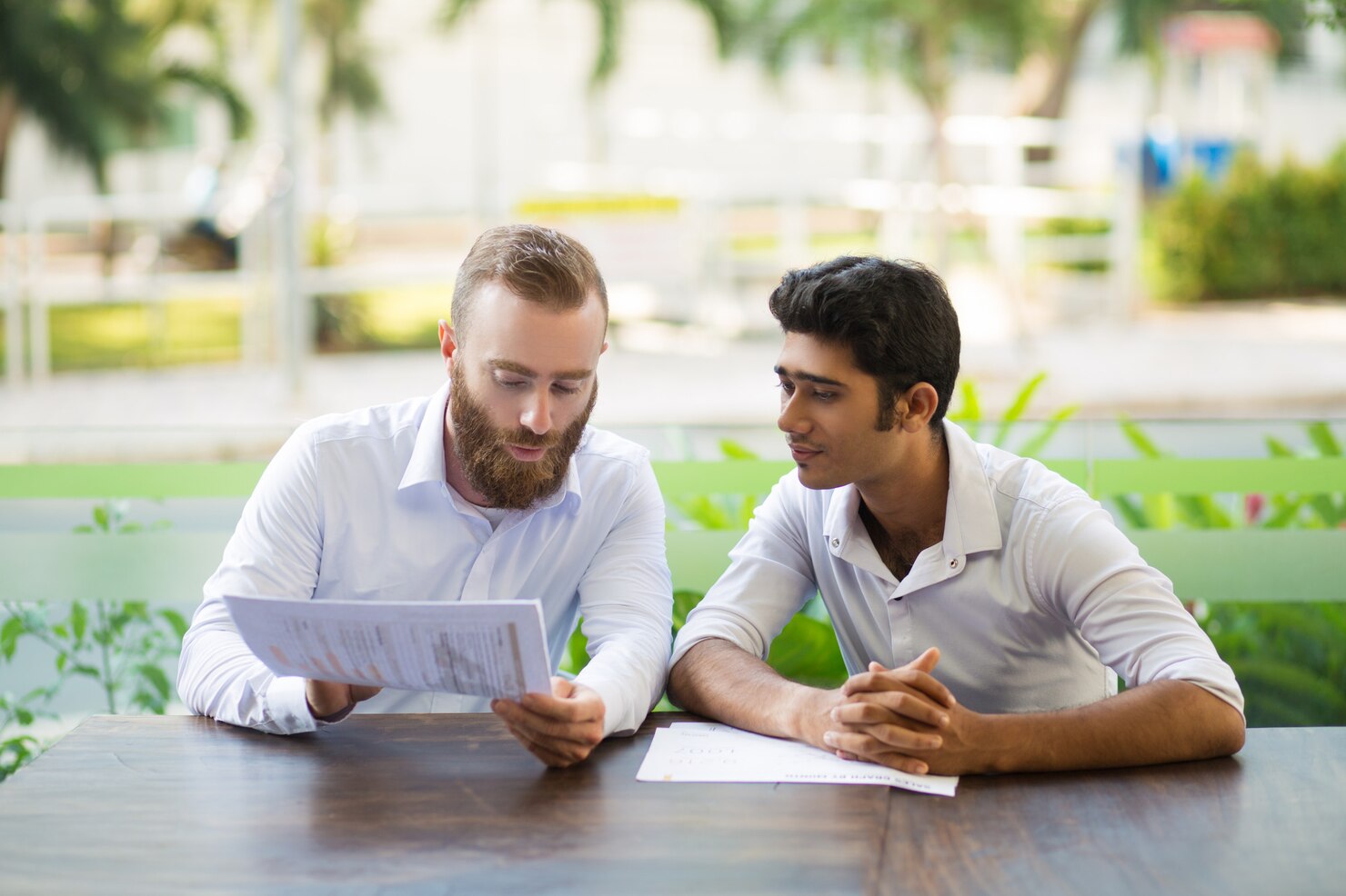 Two focused business men meeting working