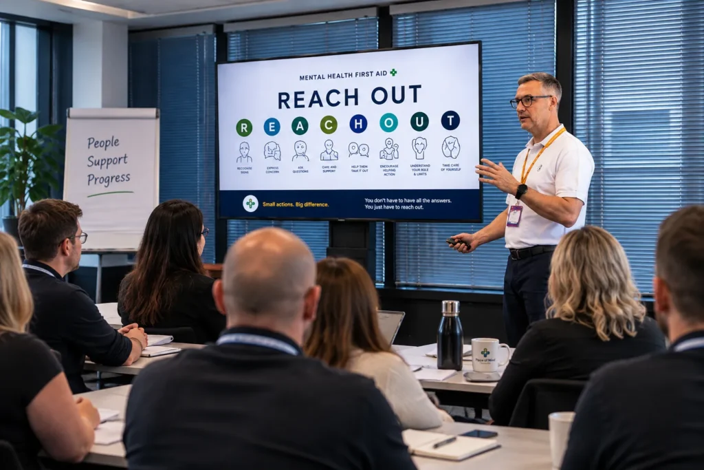 An instructor presenting the REACH OUT framework to a workplace group