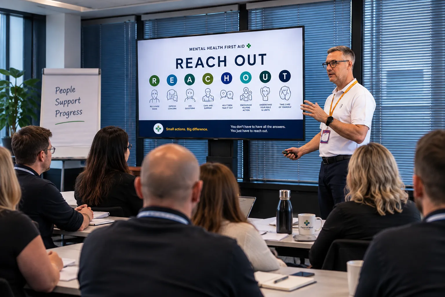An instructor presenting the REACH OUT framework to a seated group at a workplace mental health training session