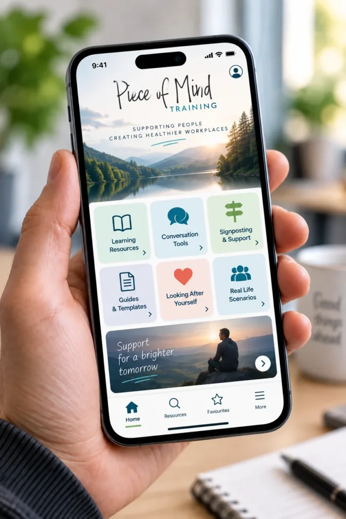 The Piece of Mind Training learner app shown on a phone