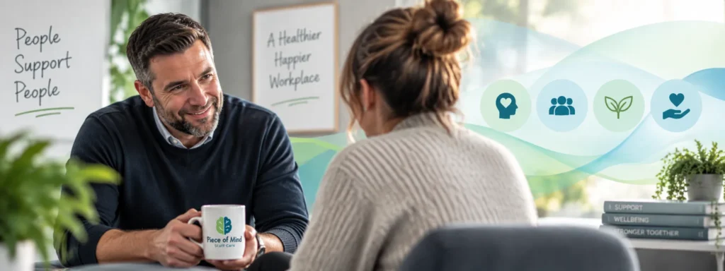 A Piece of Mind practitioner in conversation with an employee, People Support People on the wall behind them