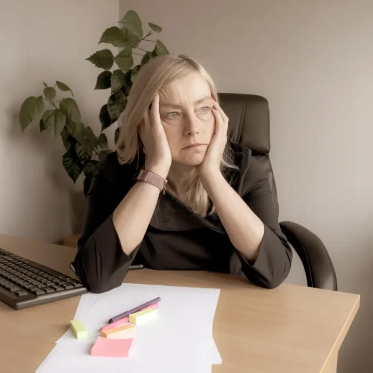 An employee sitting at her desk with her head in her hands, looking worn out